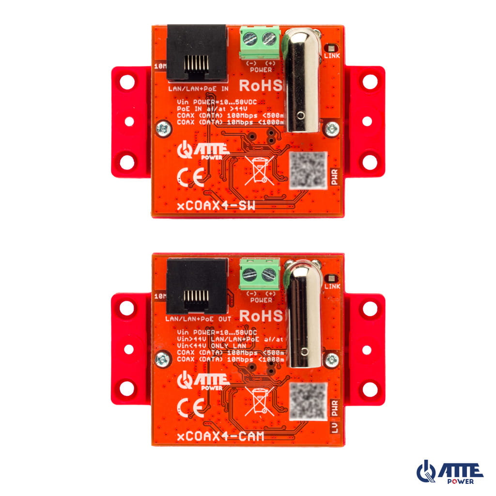 Schéma du xCOAX4-SET avec les branchements LAN et PoE en RJ45, la liaison coaxiale en BNC et les portées maximales