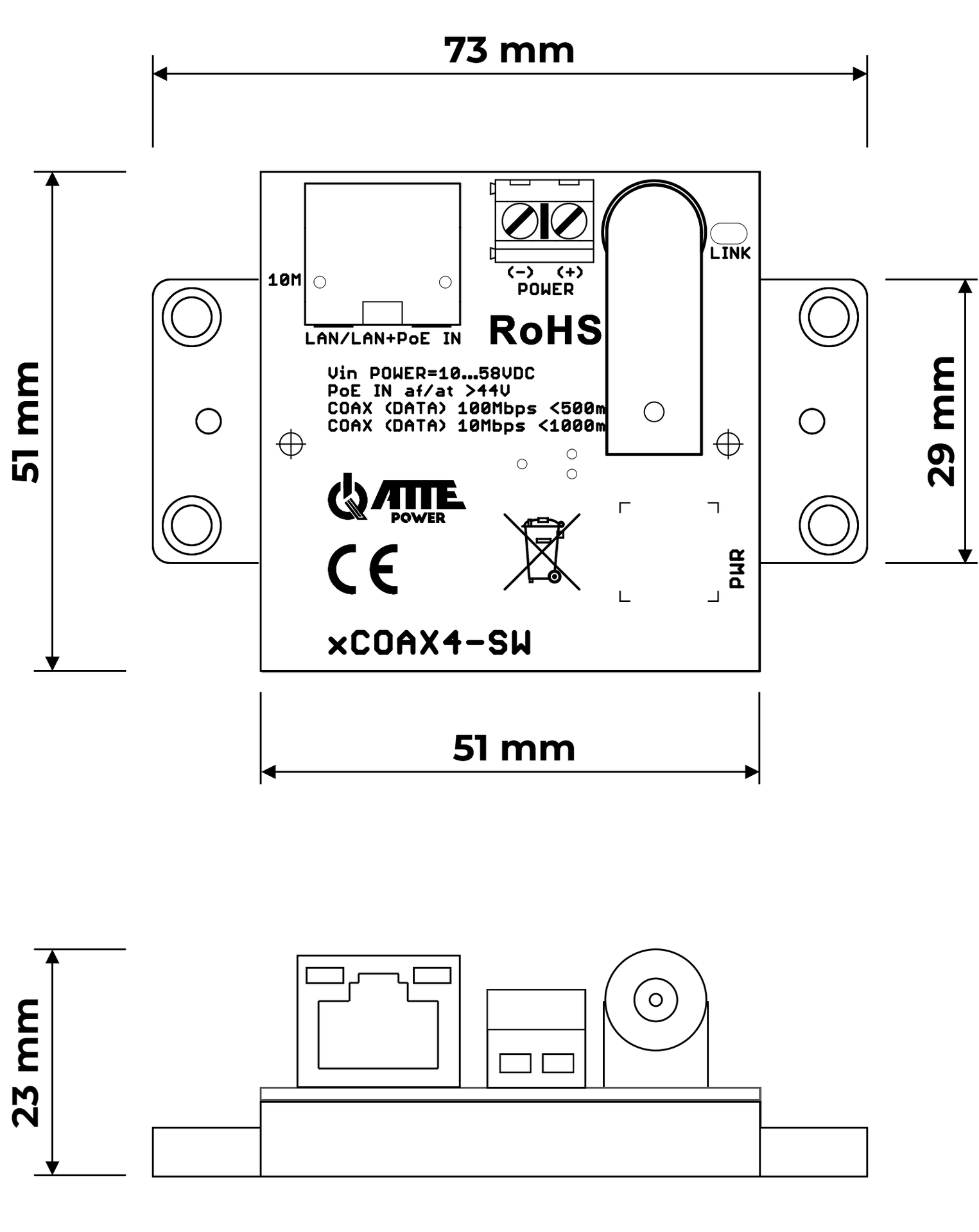 Application xCOAX4-SET avec switch non-PoE, alimentation externe et caméra IP PoE